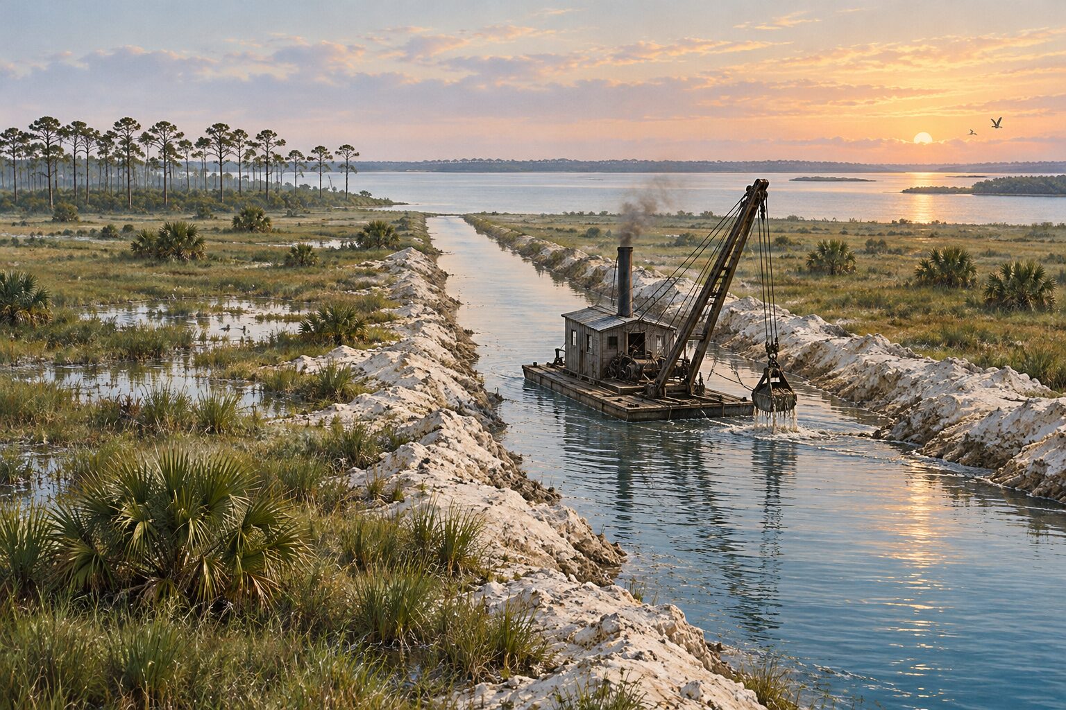 Painted illustration of a floating dredge cutting a straight drainage canal across wet prairie toward a calm lagoon