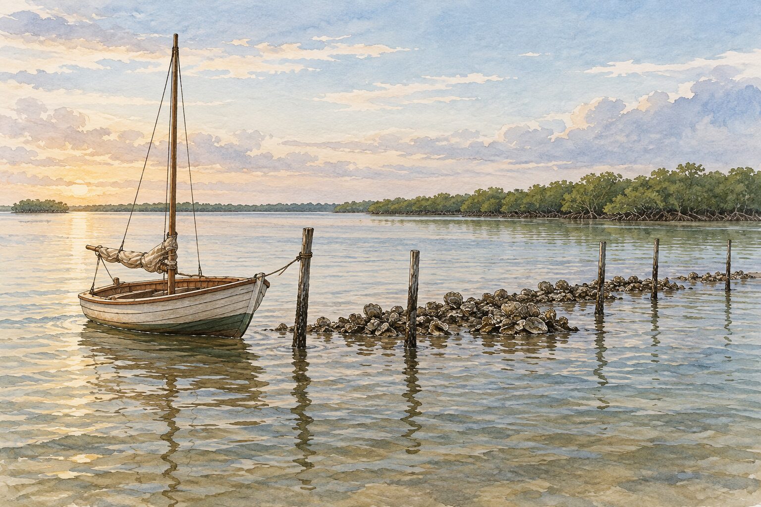 Watercolor illustration of a sailing skiff tied to wooden stakes that mark a low oyster bar in shallow lagoon water