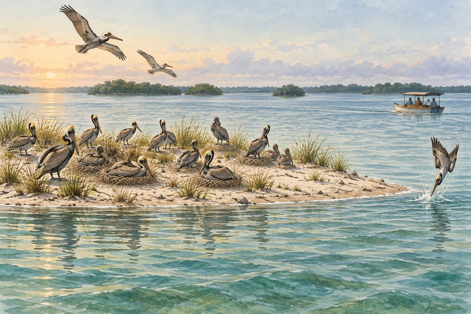 Watercolor illustration of brown pelicans nesting in coarse grass on Pelican Island, with a launch of visitors in the distance